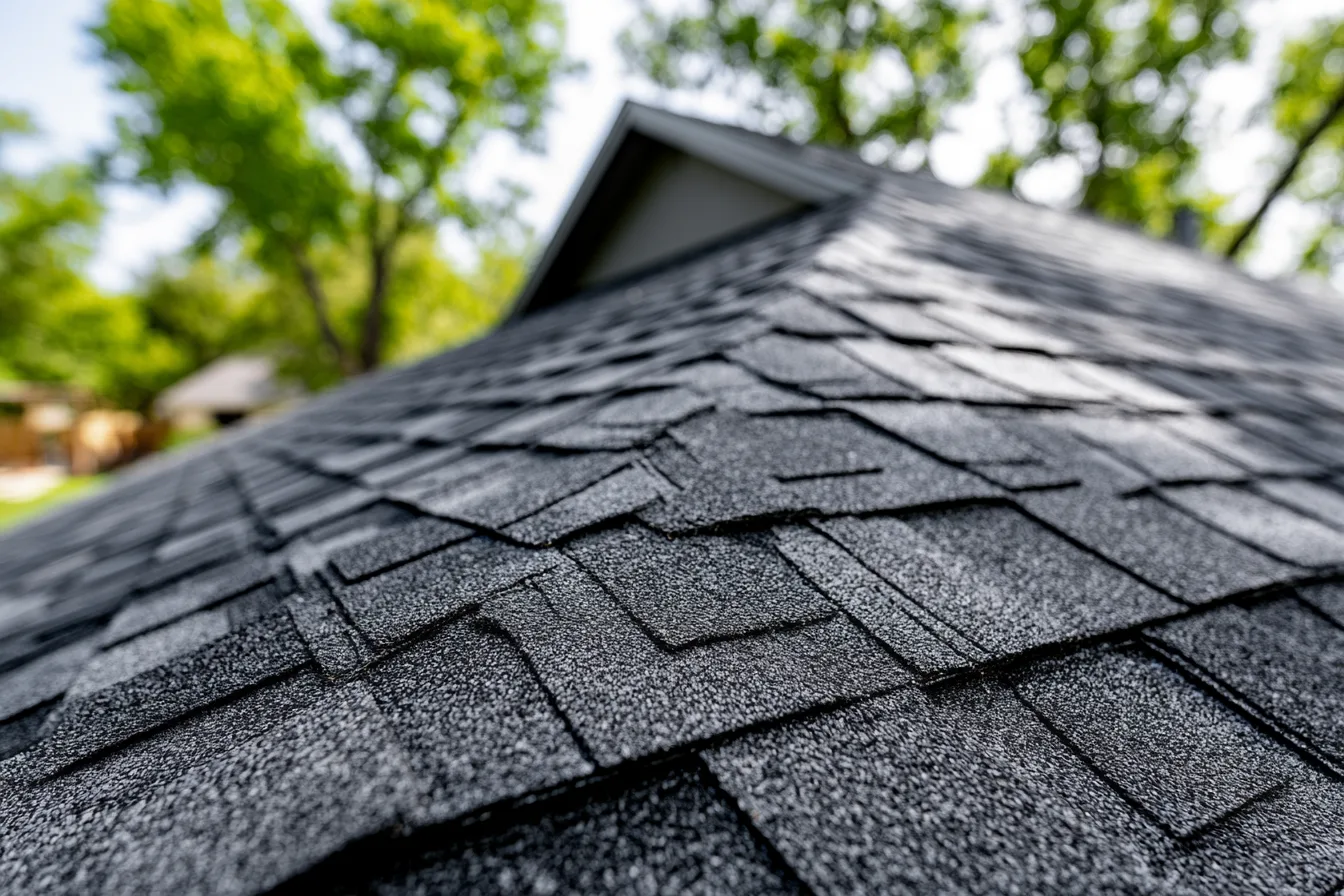 Black architectural shingles at a roof rake with a gable behind