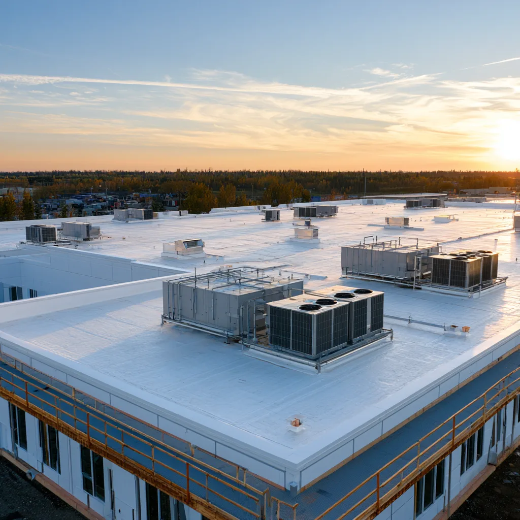 White low-slope roof with rooftop equipment at sunset