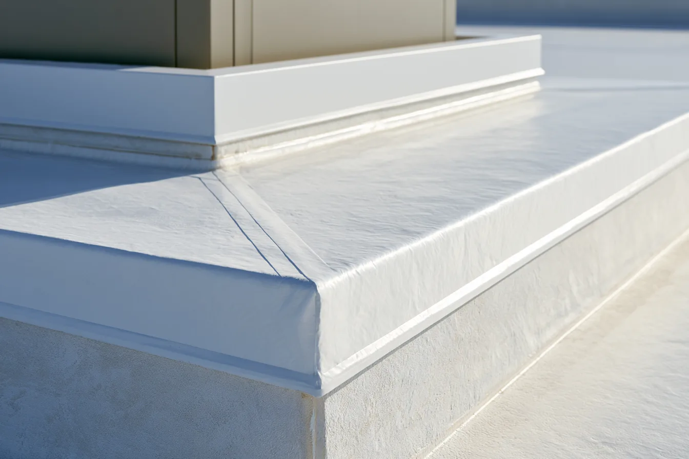 White membrane flashing turned up around an equipment curb