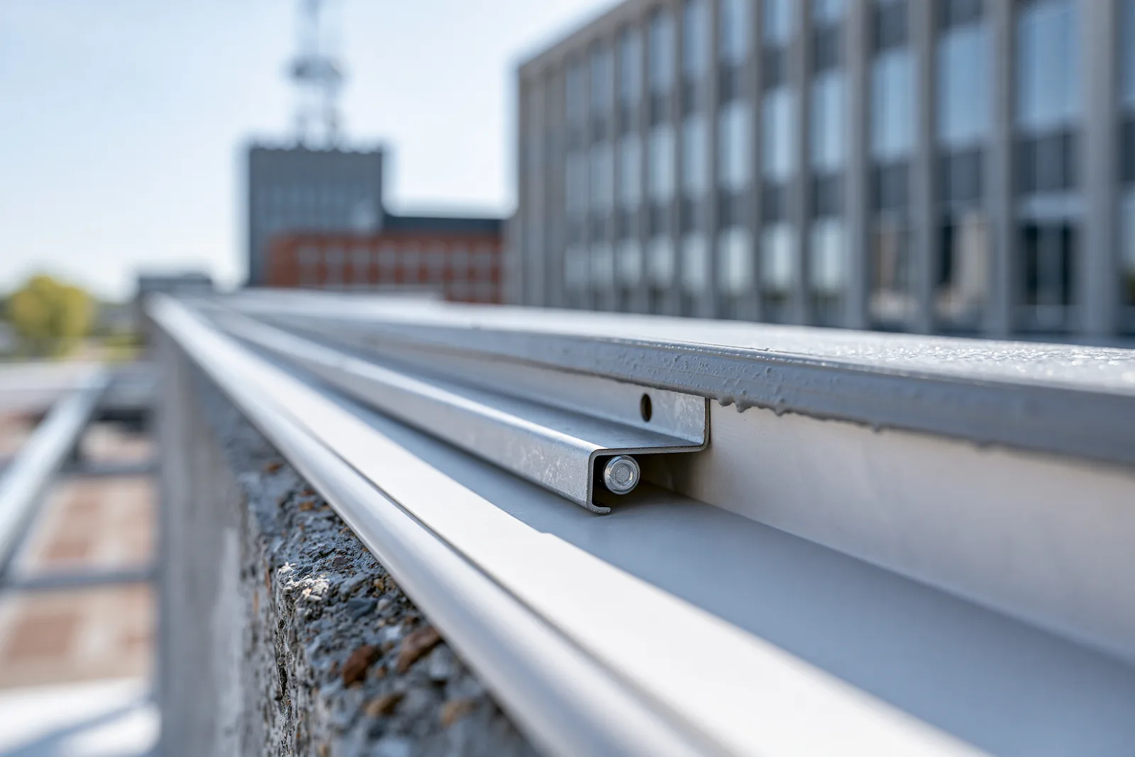Parapet-edge metal and a mounting rail on a low-slope roof