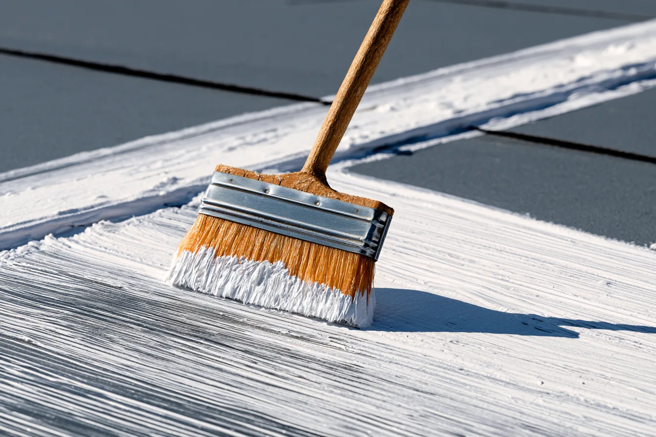 Brush applying white roof coating across a prepared roof surface