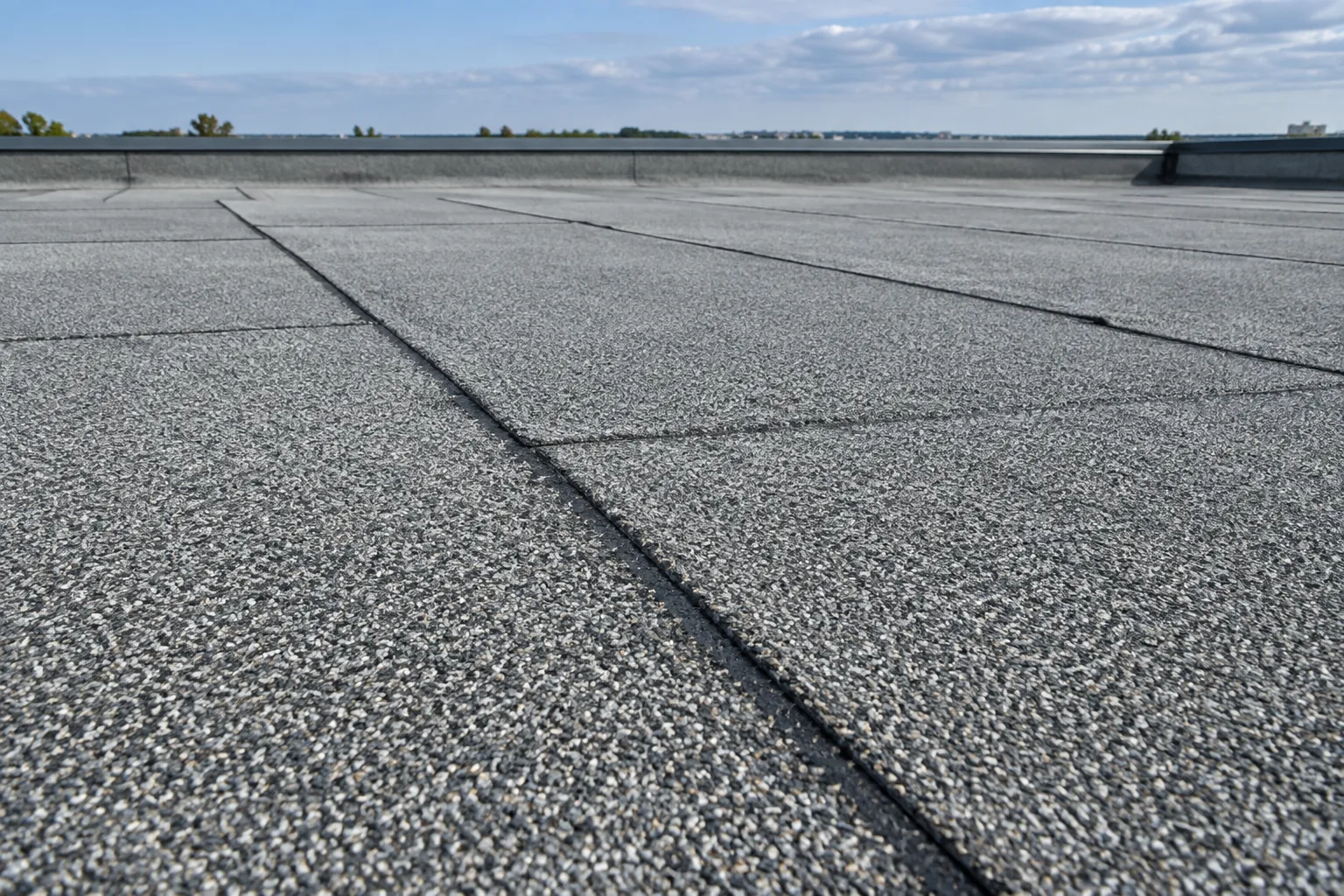 Granular low-slope roofing with overlapping cap-sheet courses