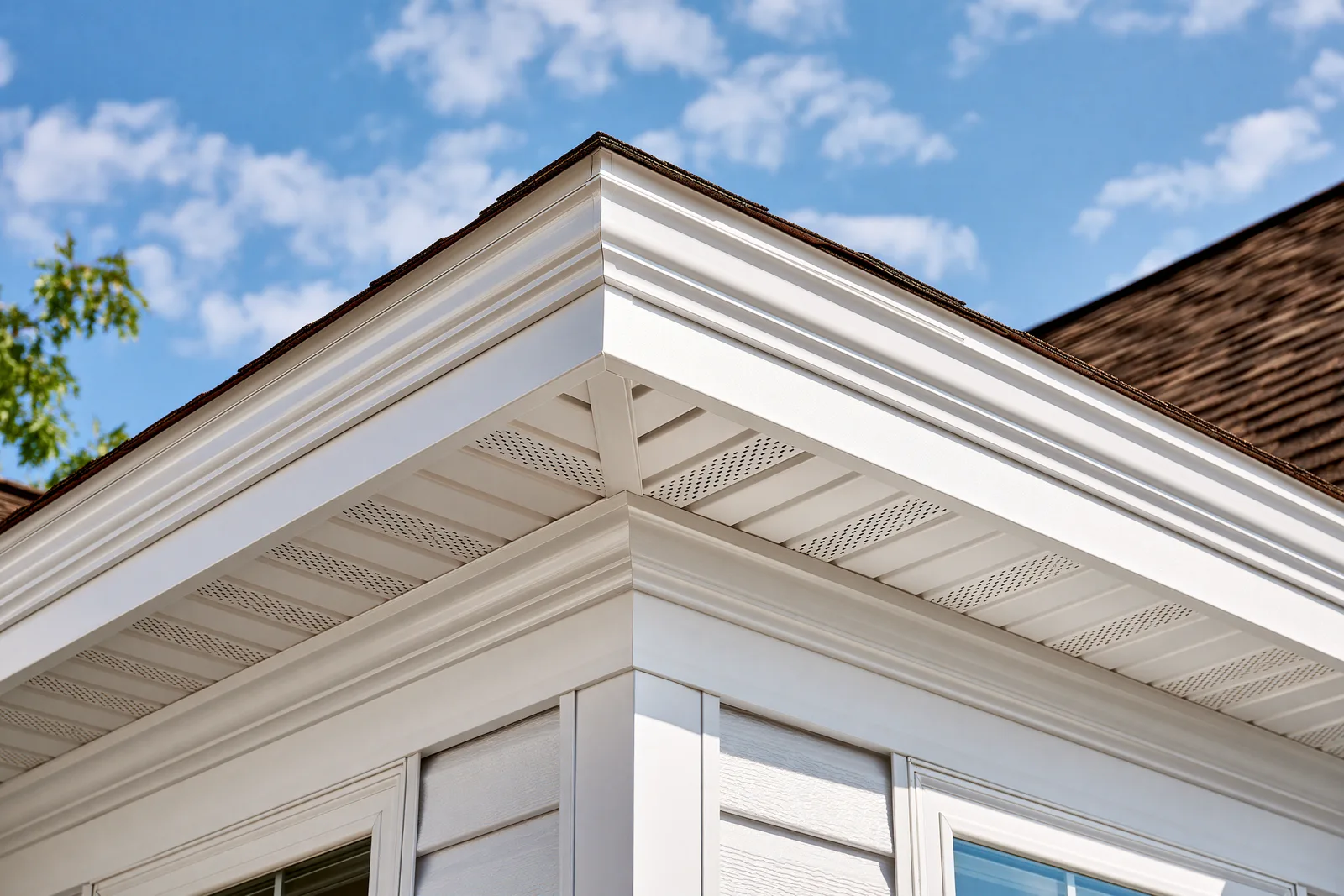 White fascia and perforated soffit at a roof corner