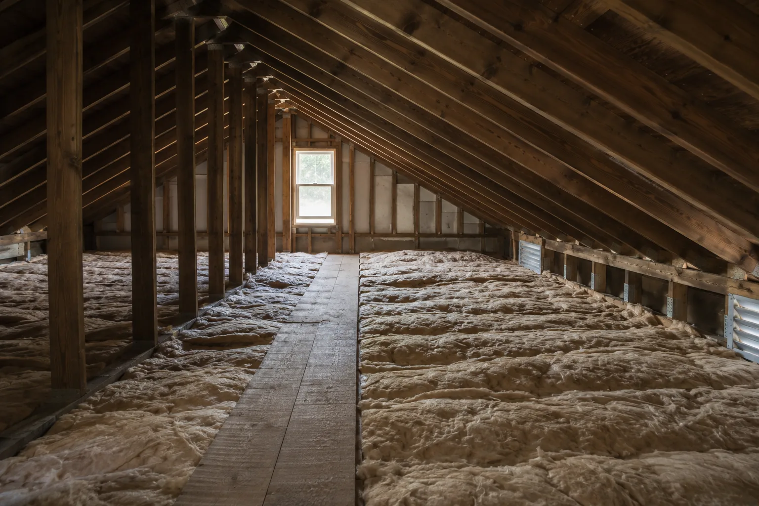 Attic insulation between joists beneath roof rafters
