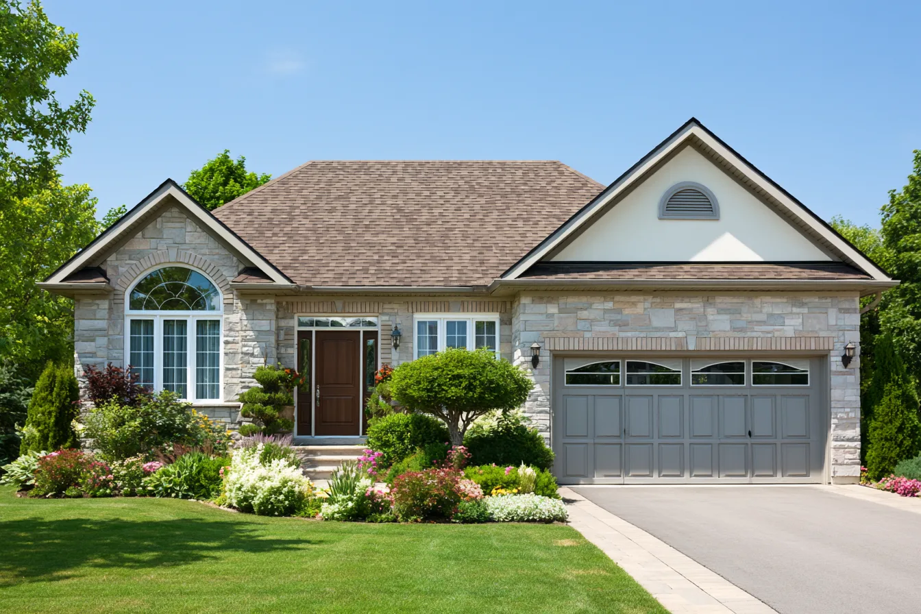Stone bungalow with a brown shingle roof and planted front garden