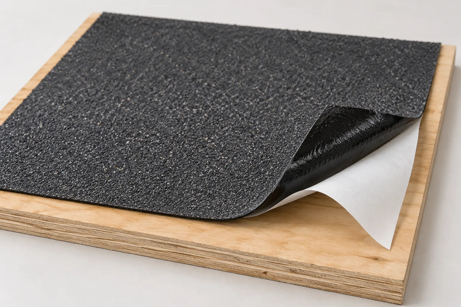 Self-adhering roofing membrane with its release liner partly peeled back