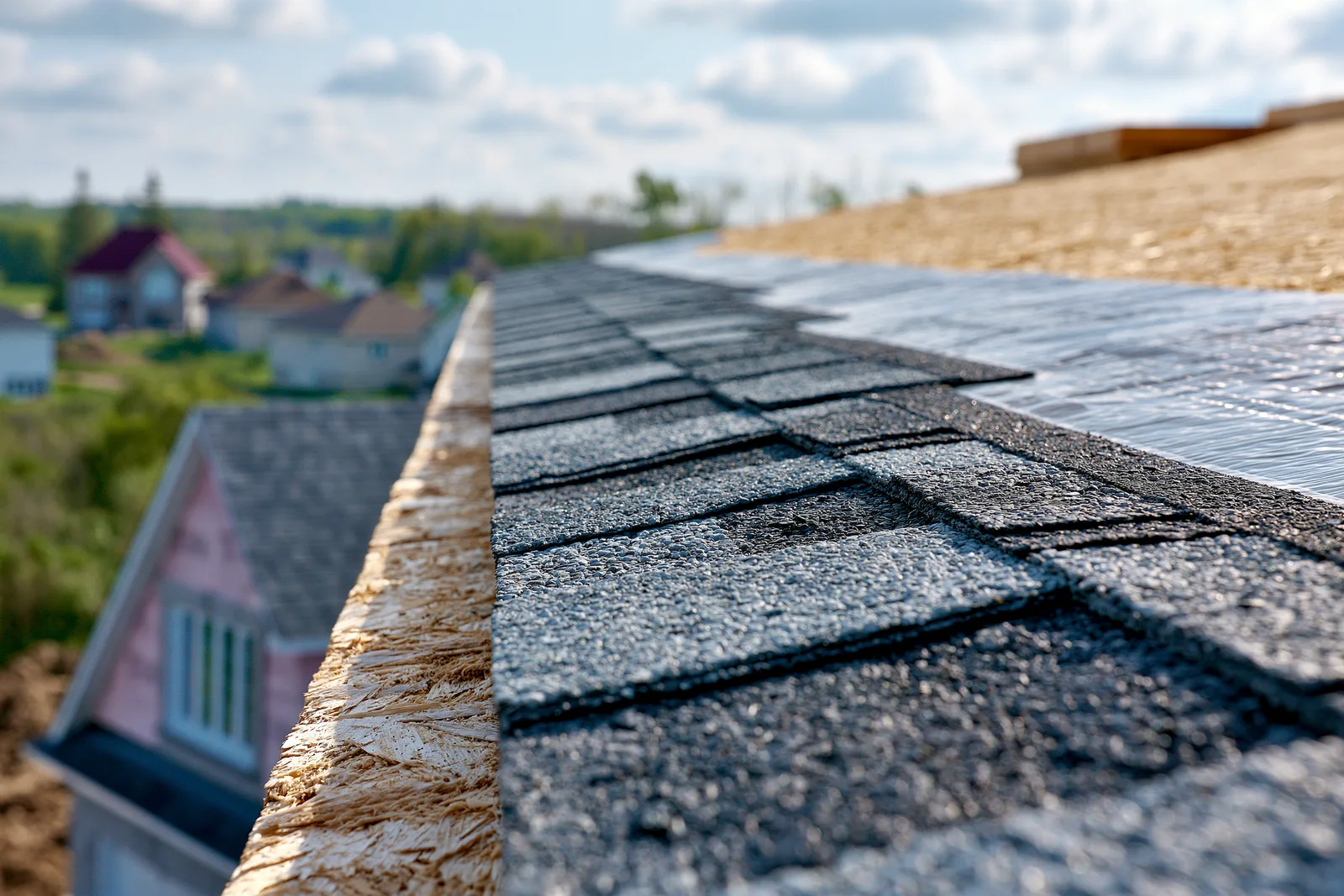 Shingle covering and underlayment beside exposed roof sheathing