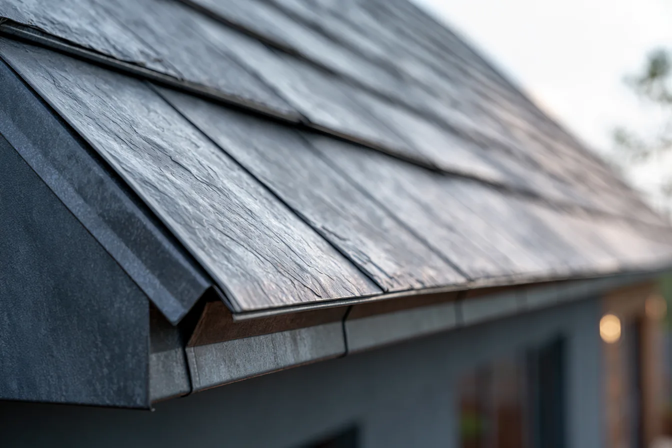 Metal shingle panels with a slate-look pattern at a roof eave